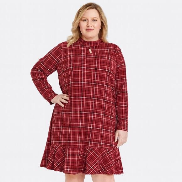 Isaac Mizrahi Plaid Jacquard Mock Neck Dress with Flounce Hem - Size Large (NWT) - Picture 1 of 9